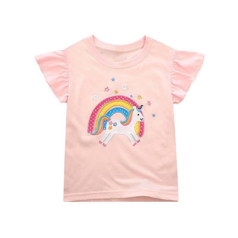 Ins Girls' Pink Short-Sleeved T-Shirt Pure Cotton Baby Unicorn Half-Sleeved Stylish Top Casual Summer Bottoming Shirt