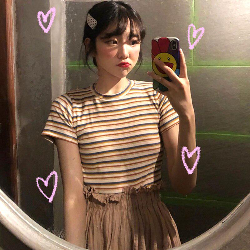 Korean O-neck T Shirt Women Fashion Striped Tops Harajuku Tees Shirt Femme Summer Short Sleeve Casual T-shirts camiseta feminina