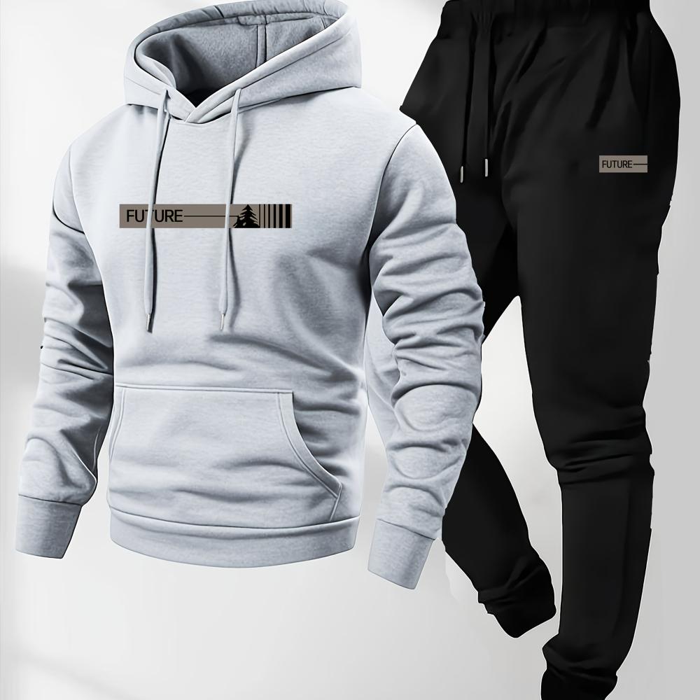

Men s autumn and winter casual long sleeved hooded sweatshirt+sports pants 2-piece set 3XL сірий колір/чорний