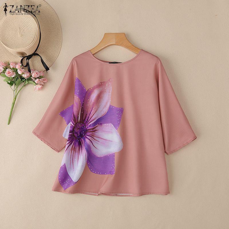 ZANZEA Women Casual Round Neck Loose Floral Short Sleeve Blouse