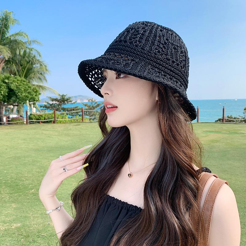 

Hollow breathable solid color straw bucket hat women s summer versatile seaside vacation bucket hat sunscreen face cover basin hat