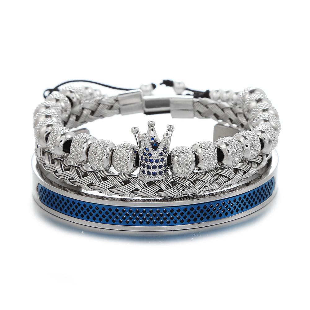 New copper inlaid zircon crown woven bracelet combination stainless steel mesh opening titanium steel bracelet set men