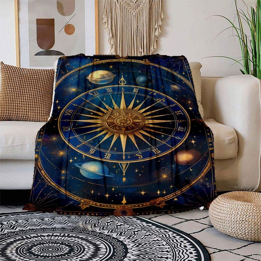 

Golden Zodiac Astrology Compass Wall Art Print Blanket Flannel Throw Blanket for Sofa, Bed, Travel, Camping, Office, Couch, Chair, And Bed 150x180cm