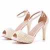 European and American Large-size Fish Mouth High Heel Sandals Waterproof Platform Sandals Thin-heeled Pearl Beaded Wedding Shoes