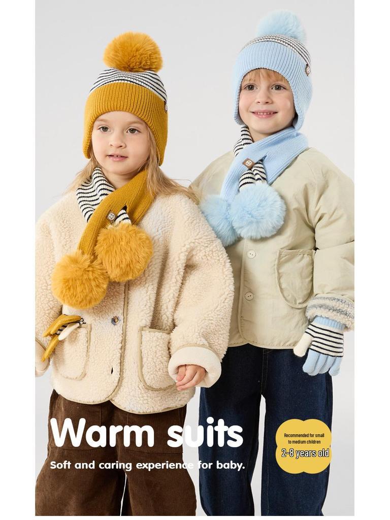 Kinder Pompon Ohrenklappenmütze, Schal & Handschuhe Set - Gestreckt gestrickt für Herbst- & Winterwärme