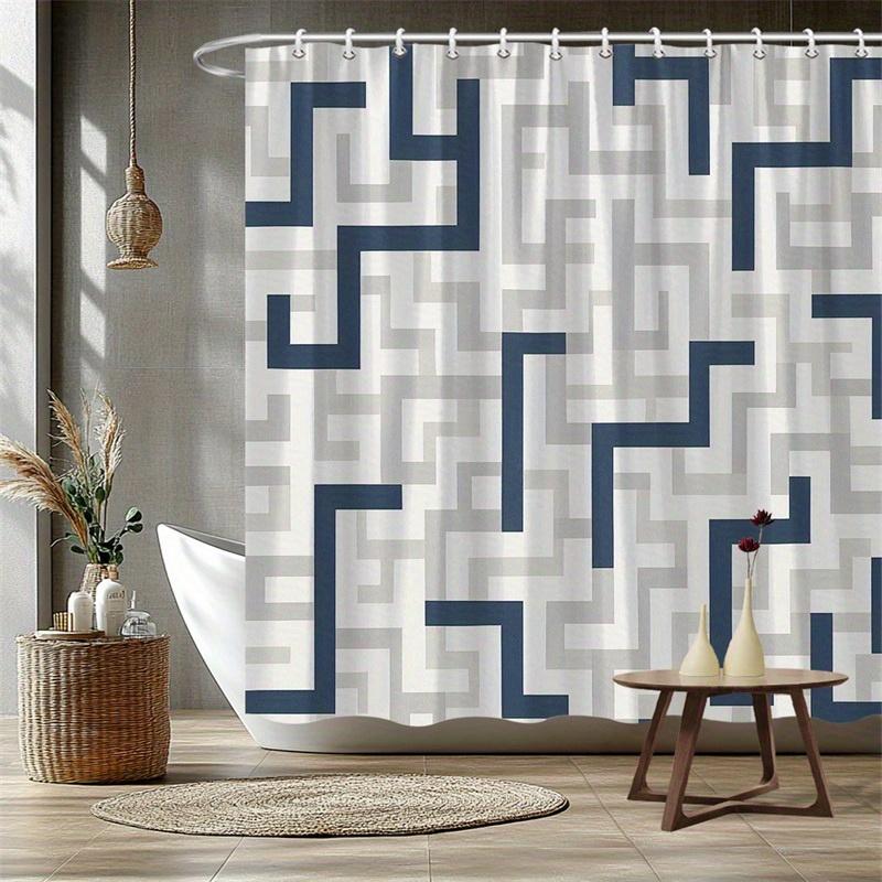 1pc Blue-grey geometric patterned shower curtain, polyester fabric, with hooks, machine washable, suitable for bathroom decor.