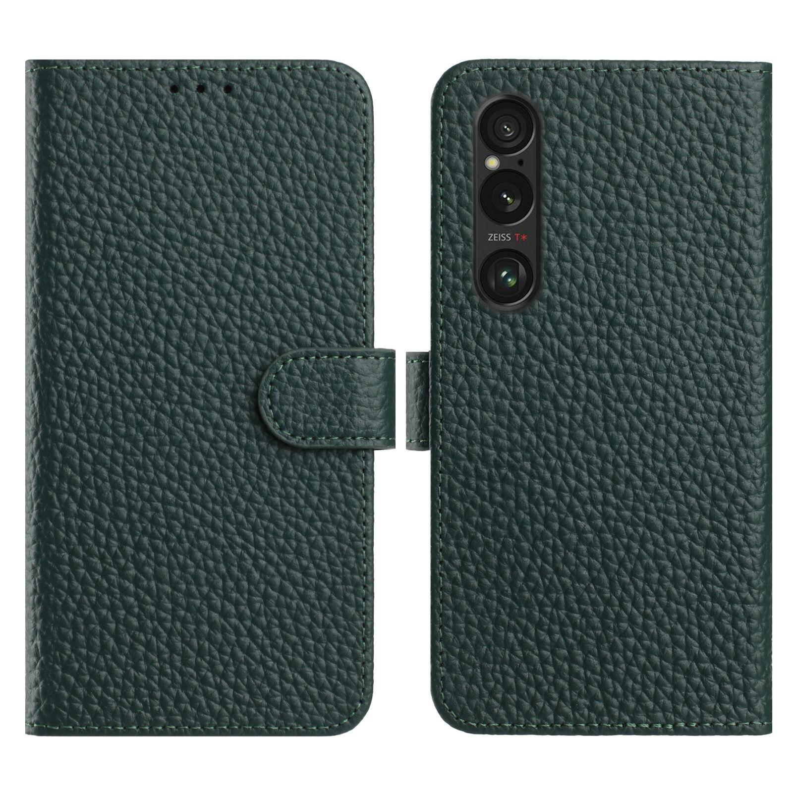 

For Sony Xperia 1 VI Case Wallet Stand Litchi Texture Genuine Cow Leather Flip Phone Cover Green