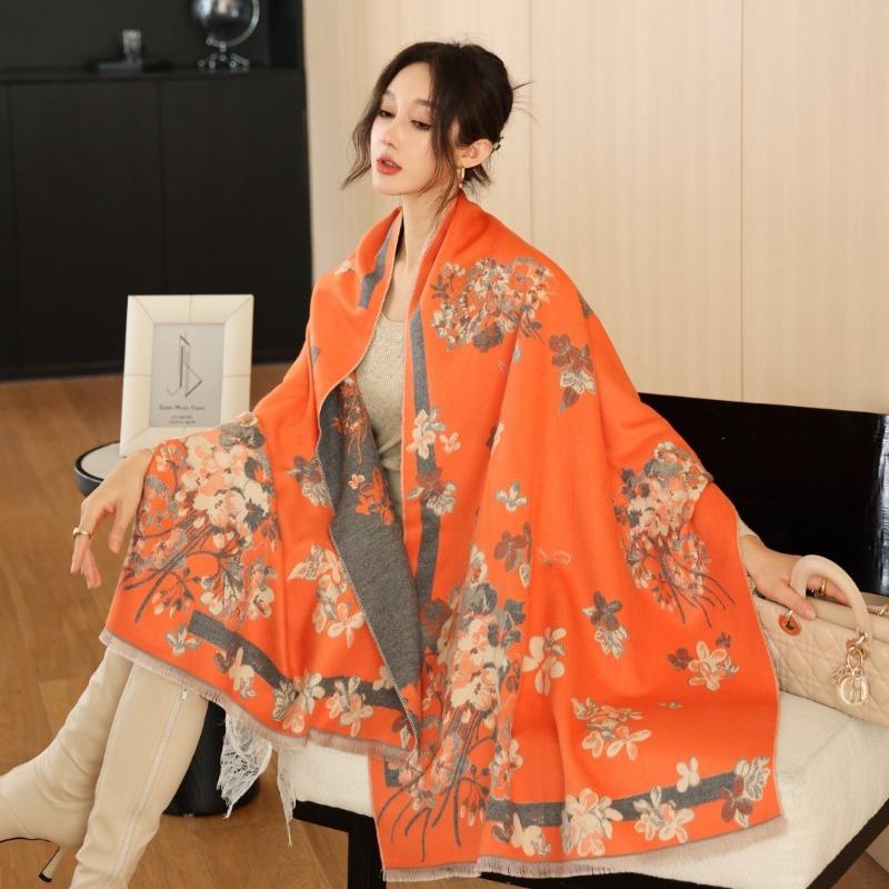 Autumn and Winter New Flower Fashion Decoration Medium and Long Imitation Cashmere Warm Scarf Women's Air Conditioner Shawl for Mother