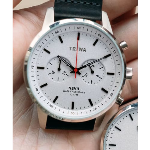 TRIWA Graphic Neville GRAPHIC NEVIL Two-Strap Chronograph Watch for Men and Women (Unisex) with Black Calfskin Canvas Strap, White Dial, Made in Japan