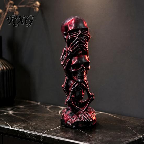 Creative Resin Crafts 3D Printed Triple Skull Statue, Halloween Horror Hear No Evil See Skeleton Figurines Speak Figurine, Desk Decor for Home Office