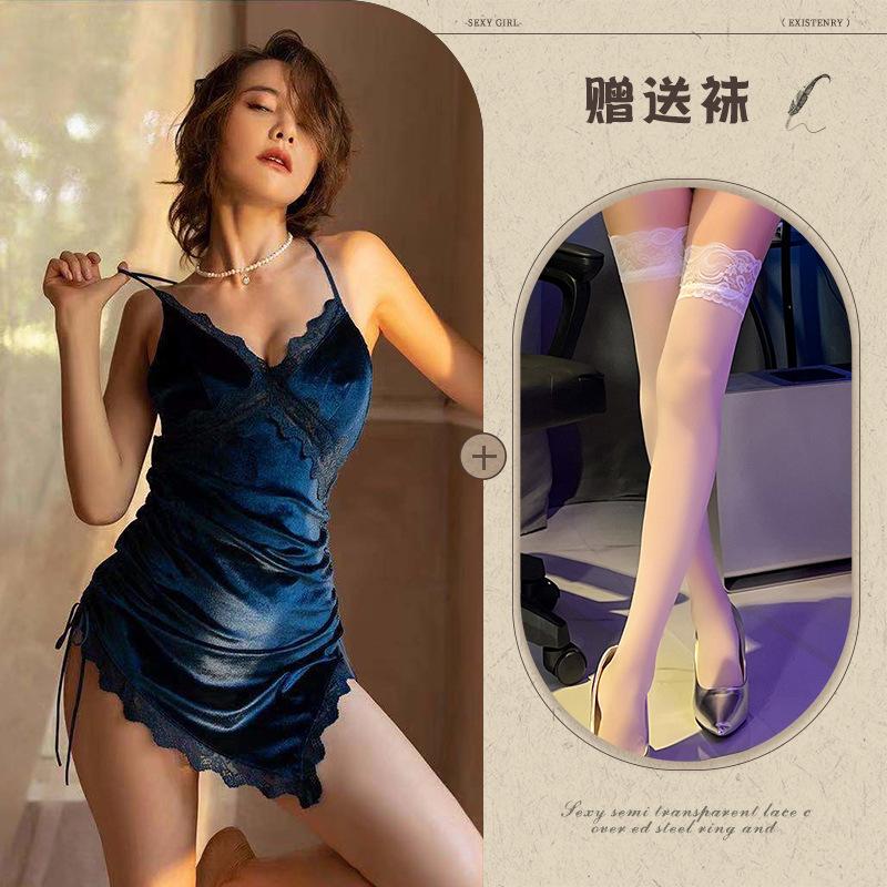 Night listening incense new sexy underwear velvet cross lace-up nightdress backless slit temptation pajamas passion loungewear