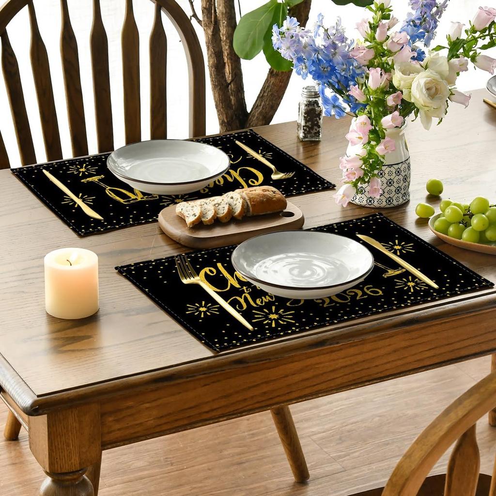 Artoid Mode Black and Gold Cheers to The 2026 New Year Placemats Set of 4, 12x18 Inch Festival Winter Table Mats for Party Kitchen Dining Decoration