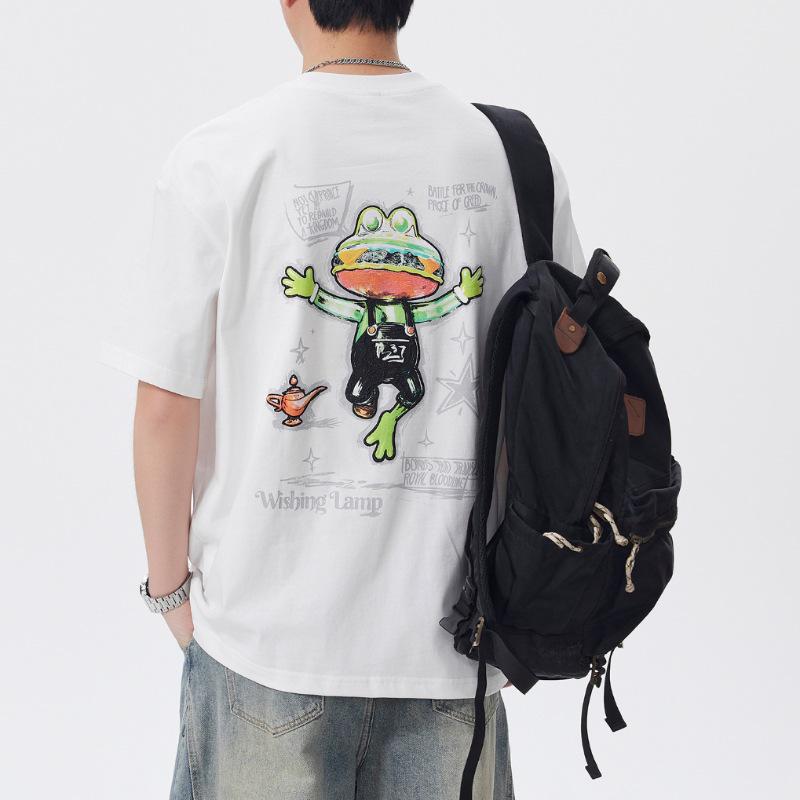 Feng She Men s Pure Cotton Embroidered Washed Short Sleeve T-shirt - Summer Loose Fit, Round Neck L
