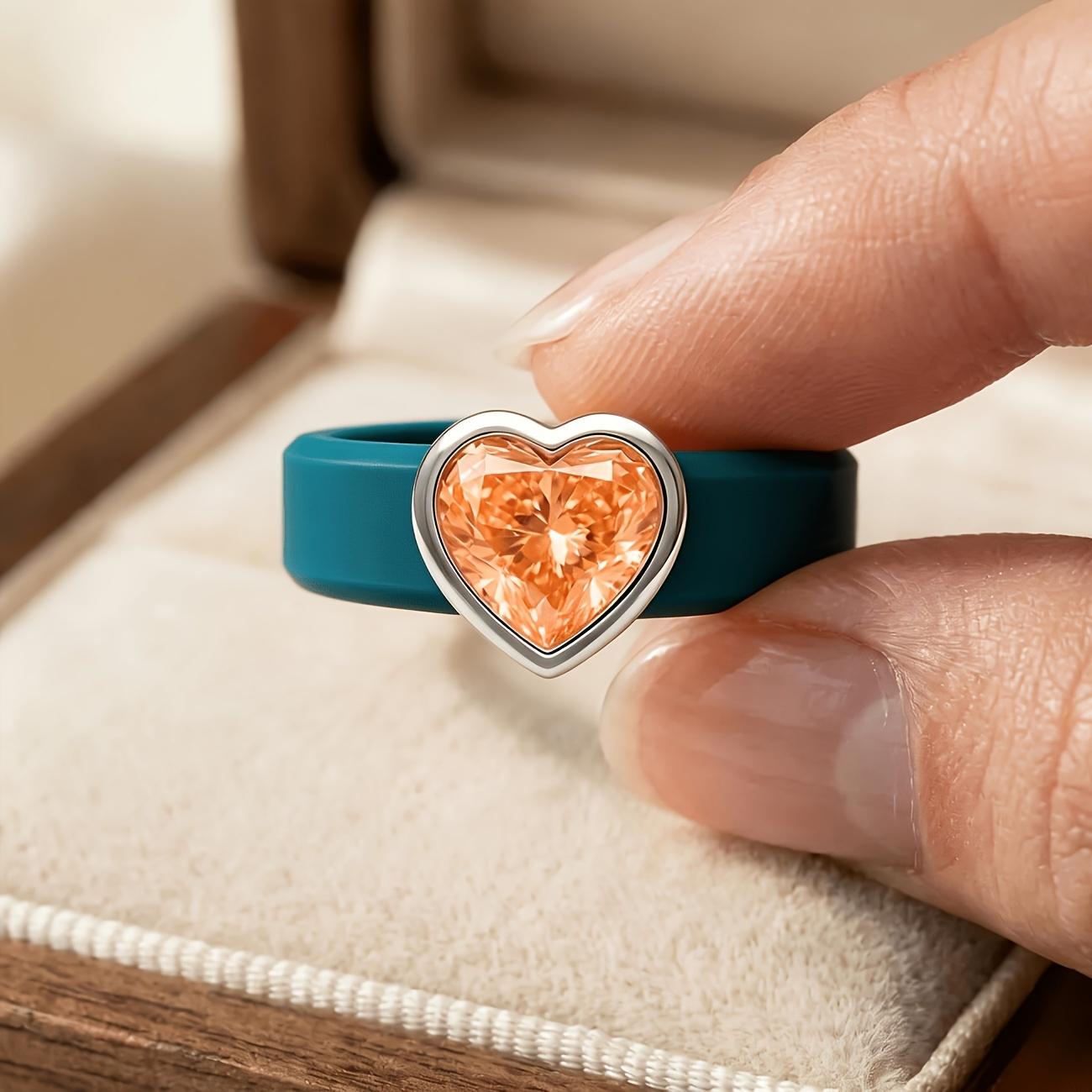 Dames Ring van Teal Silicone met Hartvormige Champagne Cubic Zirconia, Hypoallergene Comfortabele Band voor Dagelijks Gebruik, Sport, Werk 9 brown