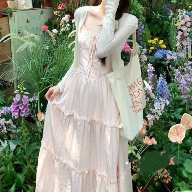 French Lace Splicing Pink Suspender Dress Summer Vacation Style Gentle Long Dress Niche Super Fairy Simple Young
