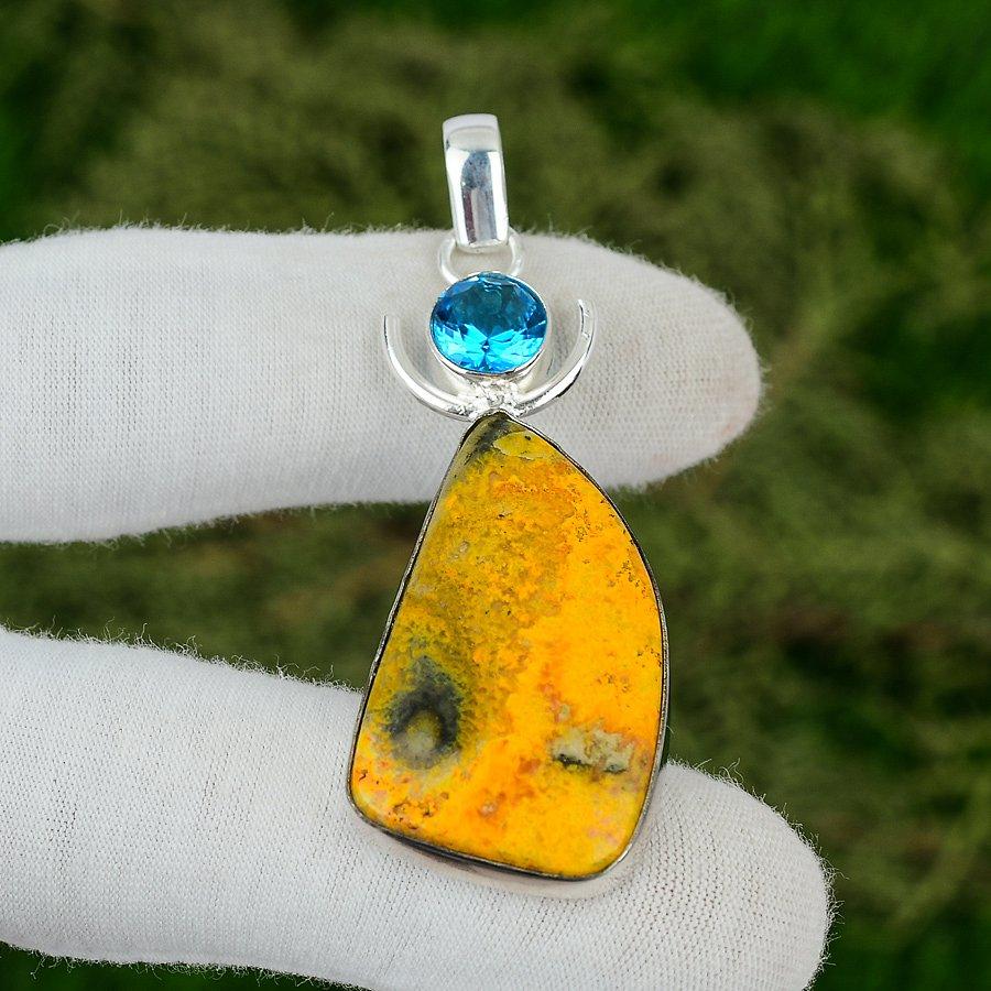 Natural Bumble Bee Jasper Swiss Blue Topaz 925 Sterling Silver Bezel New Pendant