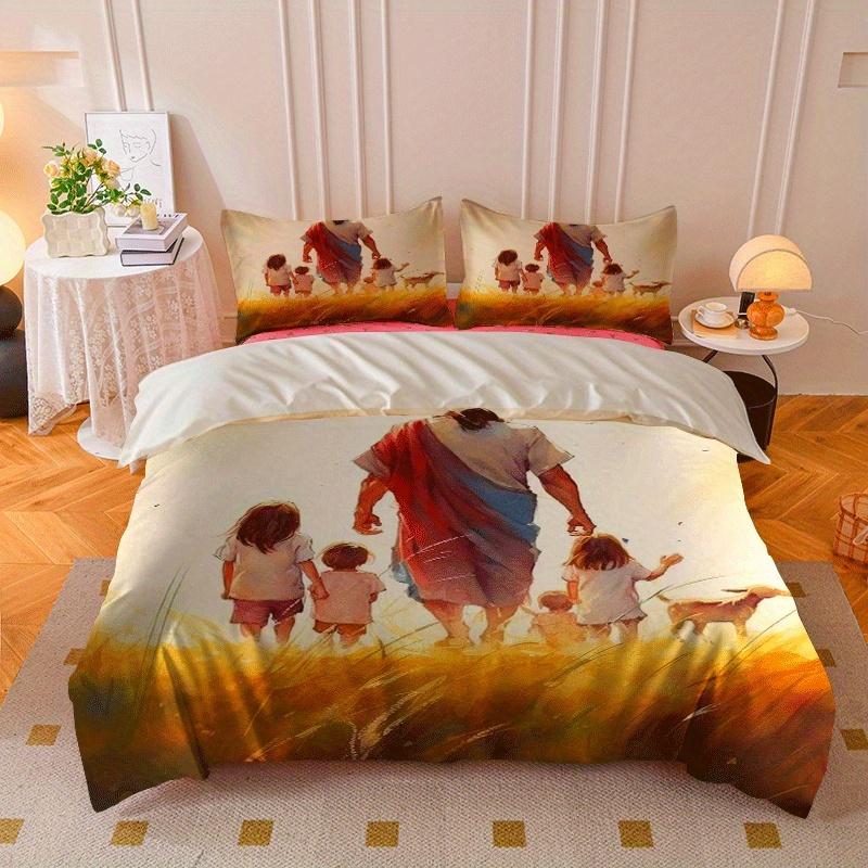 2-3-teiliges Bettwäscheset mit Jesus-Motiv, hochauflösender Digitaldruck, bestehend aus Bettbezug und Kissenbezug.