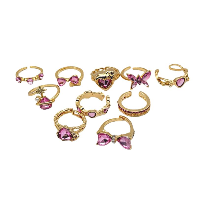 Woman Gold Plated Alloy Open Stacking Rings Set Pink Diamond Heart Bow butterfly Couple Wedding Rings for Girls Fashion Jewelry