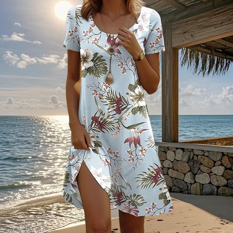 Damenmode Anmutiger Retro-Druck Sommer Frühling Kurzarm O-Ausschnitt Freizeitkleider XS blau