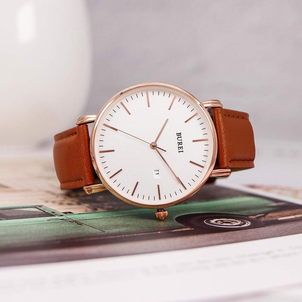 BUREI Men's Leather Analog Watch Waterproof Stylish Business Casual Wristwatch