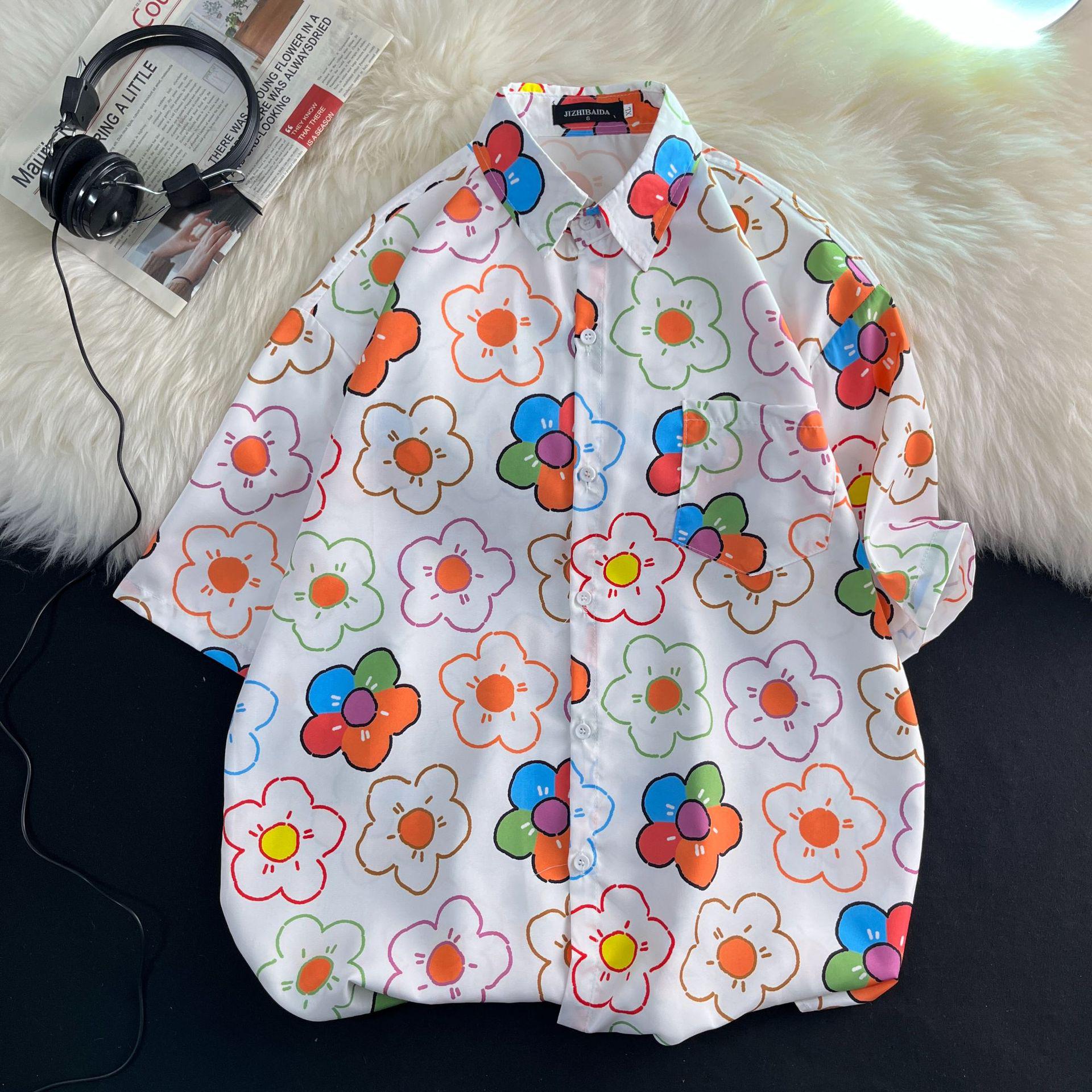 

Сорочка у вінтажному стилі Гонконгу з квітковим принтом, соняшникова, унісекс, з коротким рукавом XXL