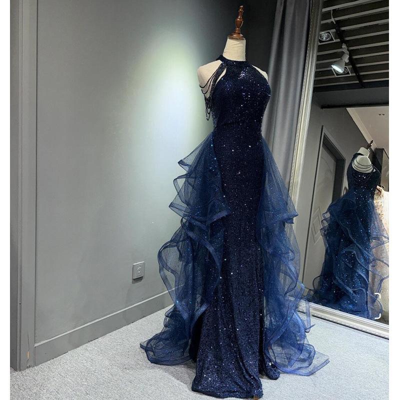 Blue Evening Dress 1011 New Light Luxury Sequins Tassel Piano Performance Dress Violin Art Examination Dress