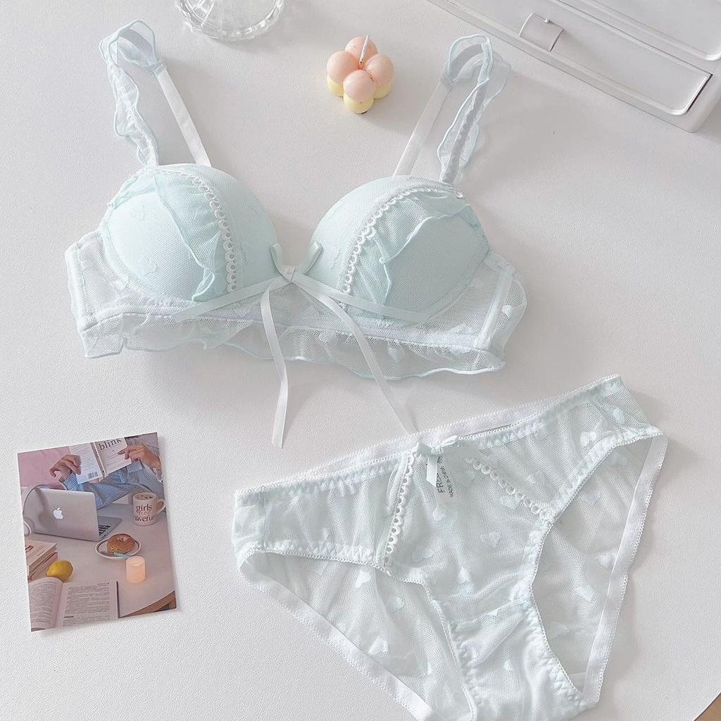Japanese sweet pure desire bow girls underwear lace small breasts gathered anti-drop no steel ring bra