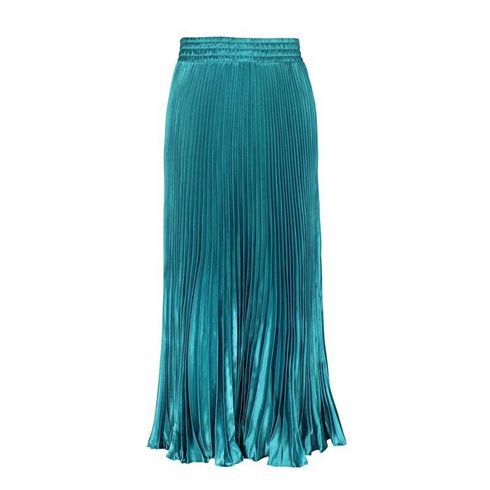 Women Reflective Bright Satin Long Skirt with Solid Color Pleated A-Line Skirts for Fall