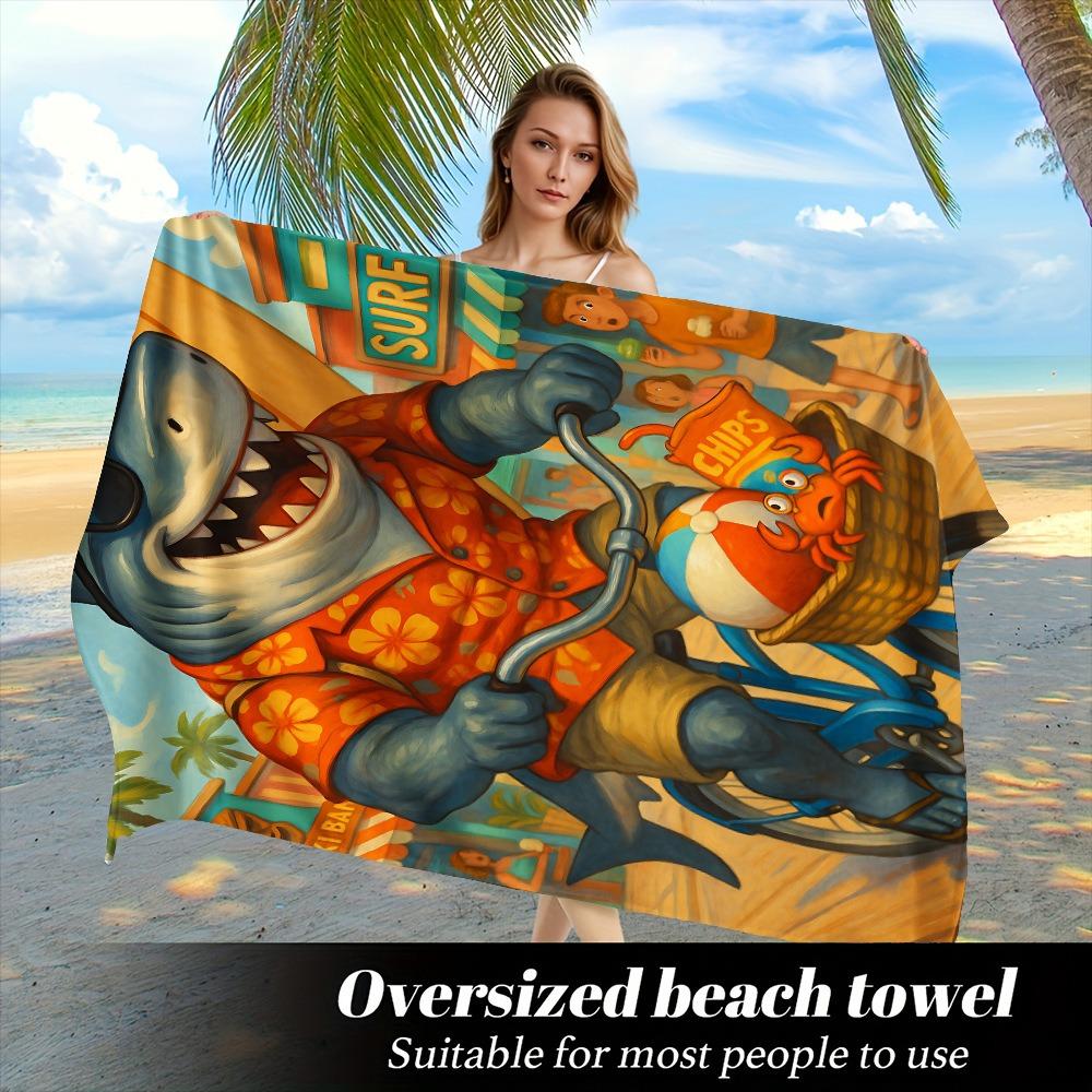 Cute Cartoon Shark Surfing Beach Towel Polyester Quick Dry Sand Free Swimming Bath Towel for Kid Boys Girls Summer Pool Vacation