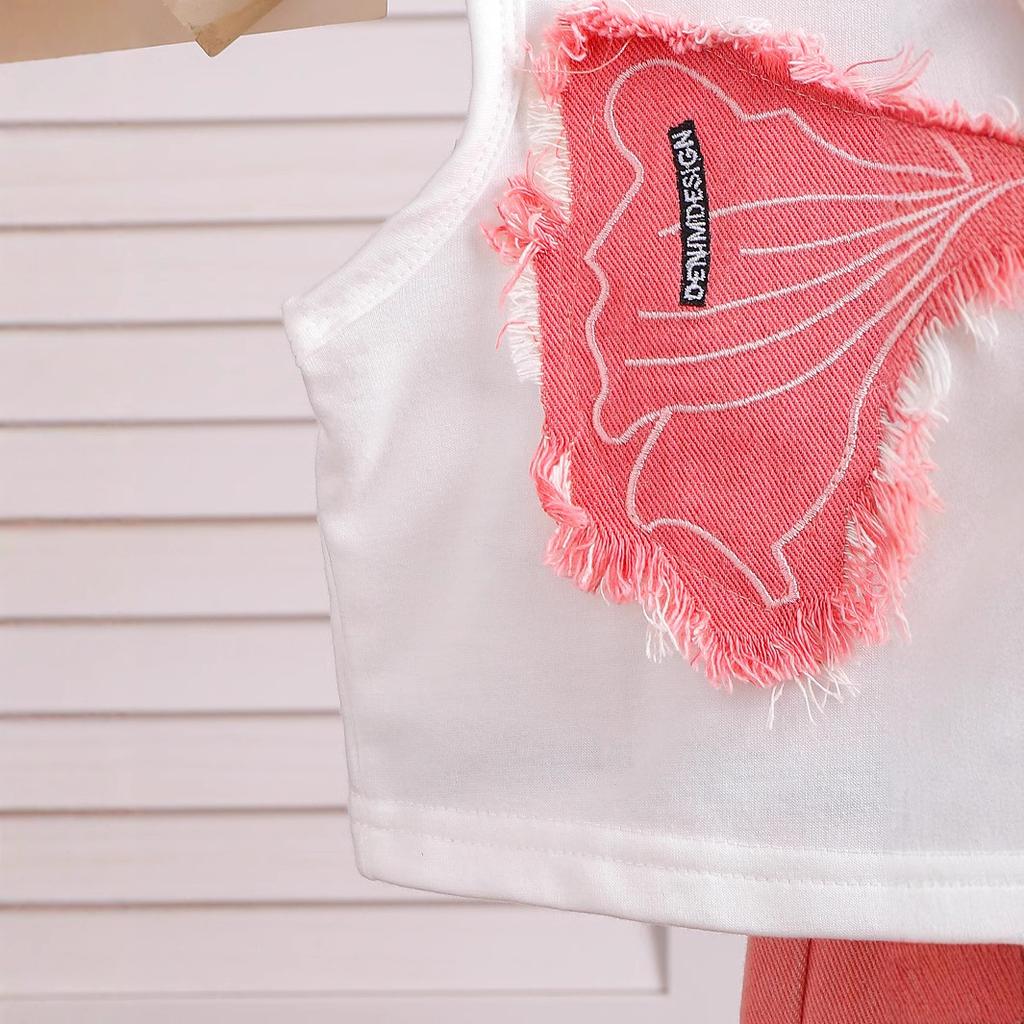 Barnmode Kostym Sommar Flickors Ärmlös Applikation Rosett Topp Ripped Denim Byxor Tvådelad Kostym