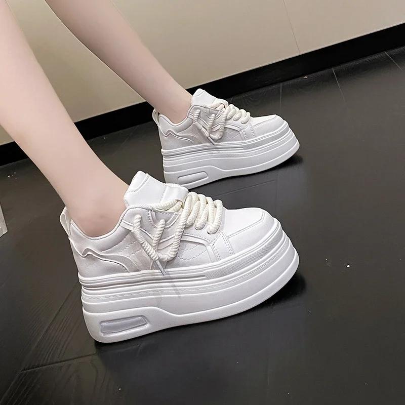 Fashion New Chic Platform Sneakers for Womens Leather Lace-up Comfort 8CM Thick Bottom Sport Shoe Small White Vulcanize Shoes