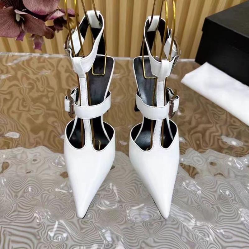 Fashion New Metal Decorative Belt Buckle Pointed Flat Heel High-heeled Shoes European American Fashion Spicy Girl Party Women Sandals