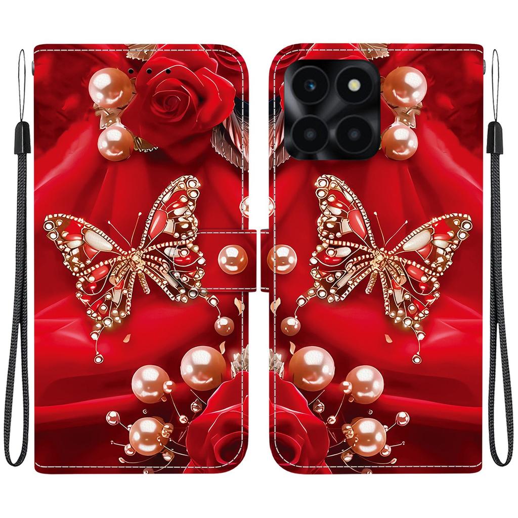 Handmade PU Leather Flip Case for Honor X6a Anti-Slip Shockproof Cover with Wrist Strap & Heart/Rose Cat Designs