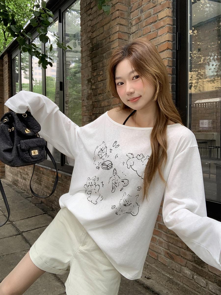 

Cute puppy lazy off-shoulder sunscreen blouse T-shirt women s summer new slanted shoulder large neckline thin , over 80 One size fits all белый