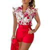 2 st/set Dam Top Shorts Set Blomma utskrift Bälte Hög midja Ärmlös rynkning Dress-up OL Style Tight midja Damkostym