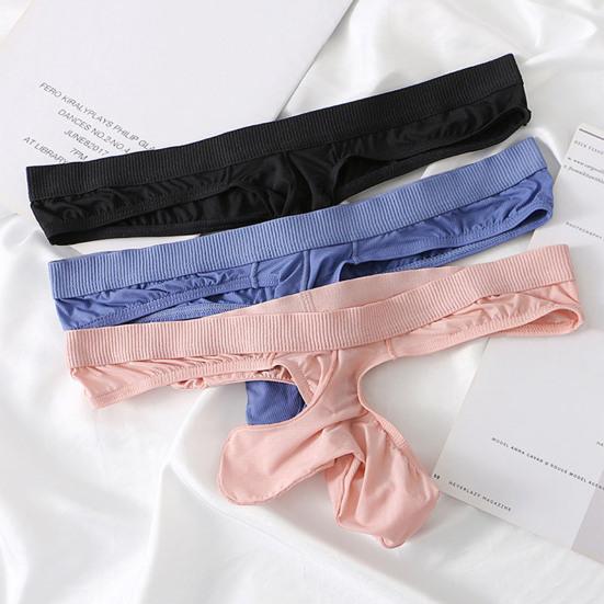 Men Thong Low-rise Elastic Waist Ice Silk Fabric Elephant Nose Design Solid Color Briefs Breathable Underwear