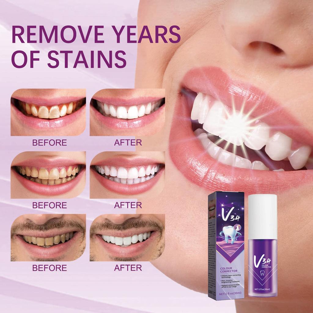 Dentifrice correcteur de couleur V34 30 ml Souris dentaire Élimine la plaque dentaire Tartre Rafraîchit l'haleine Hygiène bucco-dentaire Dents jaunes