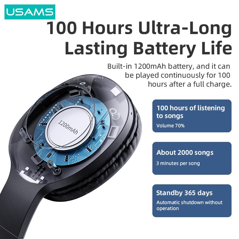 USAMS TWS Bezdrátová sluchátka Bluetooth 5.0 přes uši HIFI stereofonní sluchátka s hlubokými basy Skládací sluchátka s výdrží baterie 100 hodin pro iPhone Android