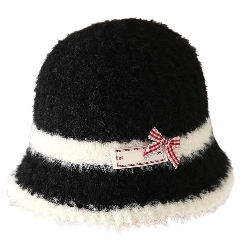 

Furry Bucket Hat Bowknot Plaids for Outdoor Sports Furry Warm Oversized Headgear Hat for Winter M чорний