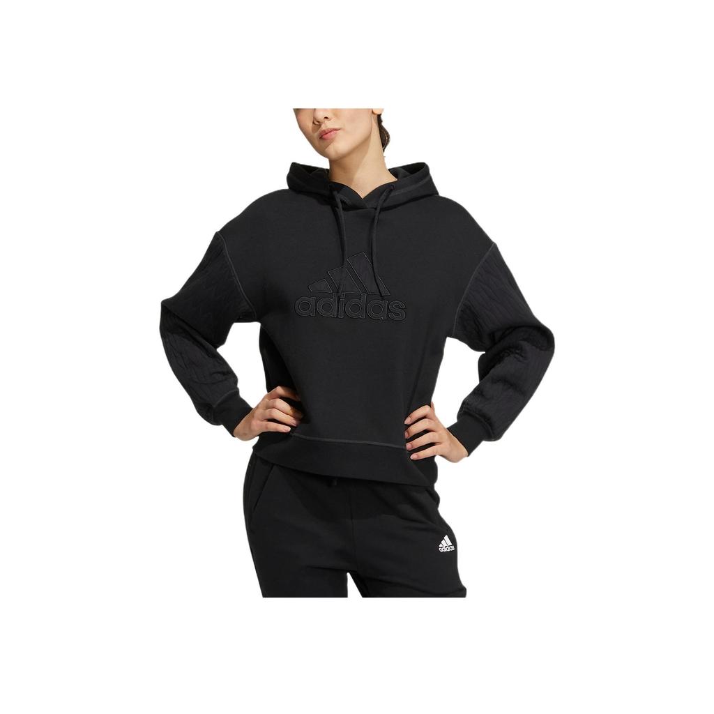 Adidas Logo Print Drawstring Hoodie Long Sleeve Sweatshirt Women Tops Black HM7106
