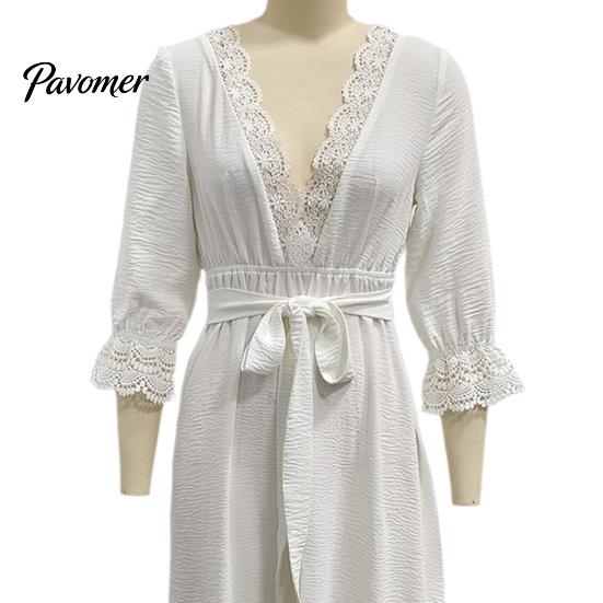 Bohemian Fall Dress Women V-Neck Lace for Fall, 3/4 Sleeves Maxi with Long Sleeve Belt, Solid Color Loose Casual Vacation Daily Wear