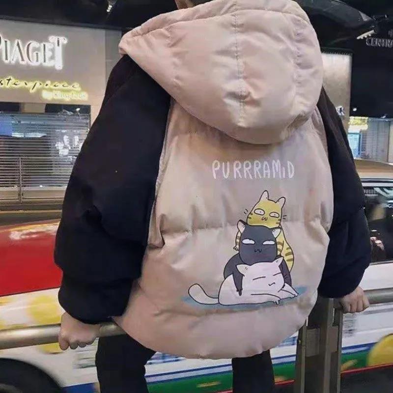 

Мужской пуховик, зимняя толстая теплая куртка на хлопковой подкладке, пальто с капюшоном, пальто на молнии и пуговицах с принтом трех котят, куртка-хлеб S