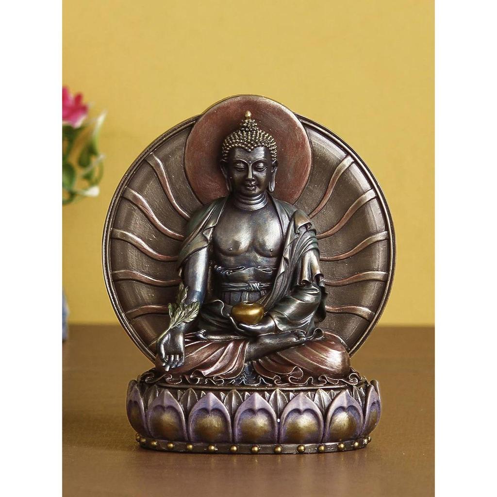 Handcrafted Polyresin Bronze Finish Meditating Lord Buddha Statue Siting On Lotus Flower Decorative God Idol for Office, Home Decor, Spiritual Spaces