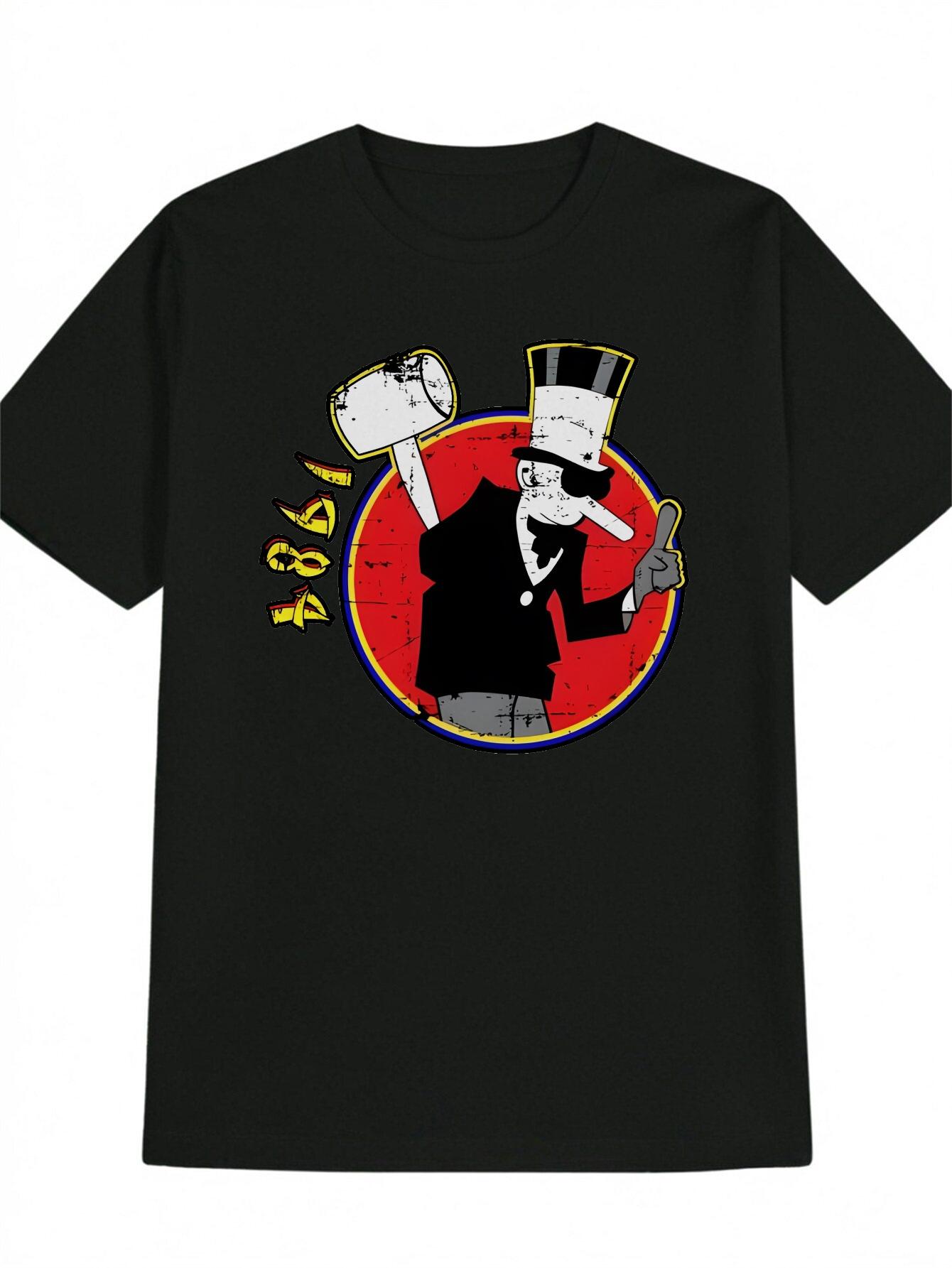 

Casual Graphic T-shirt with Cartoon Mouse in Top Hat & Beer Mug Print - Black Round Neck Summer Tee S