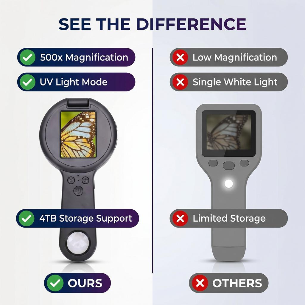 Handheld Magnifier Digital Microscope 2 Inch Screen 500x Magnification Handheld Magnifying Glass Microscope with LEDs