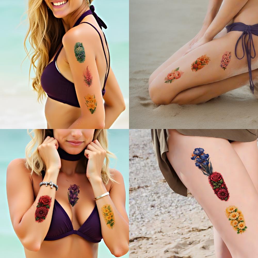9pcs Temporary Tattoo Colorful Realism Beautiful Flora Watercolor Flowers Colorful Blooms For Shoulders Back Adult
