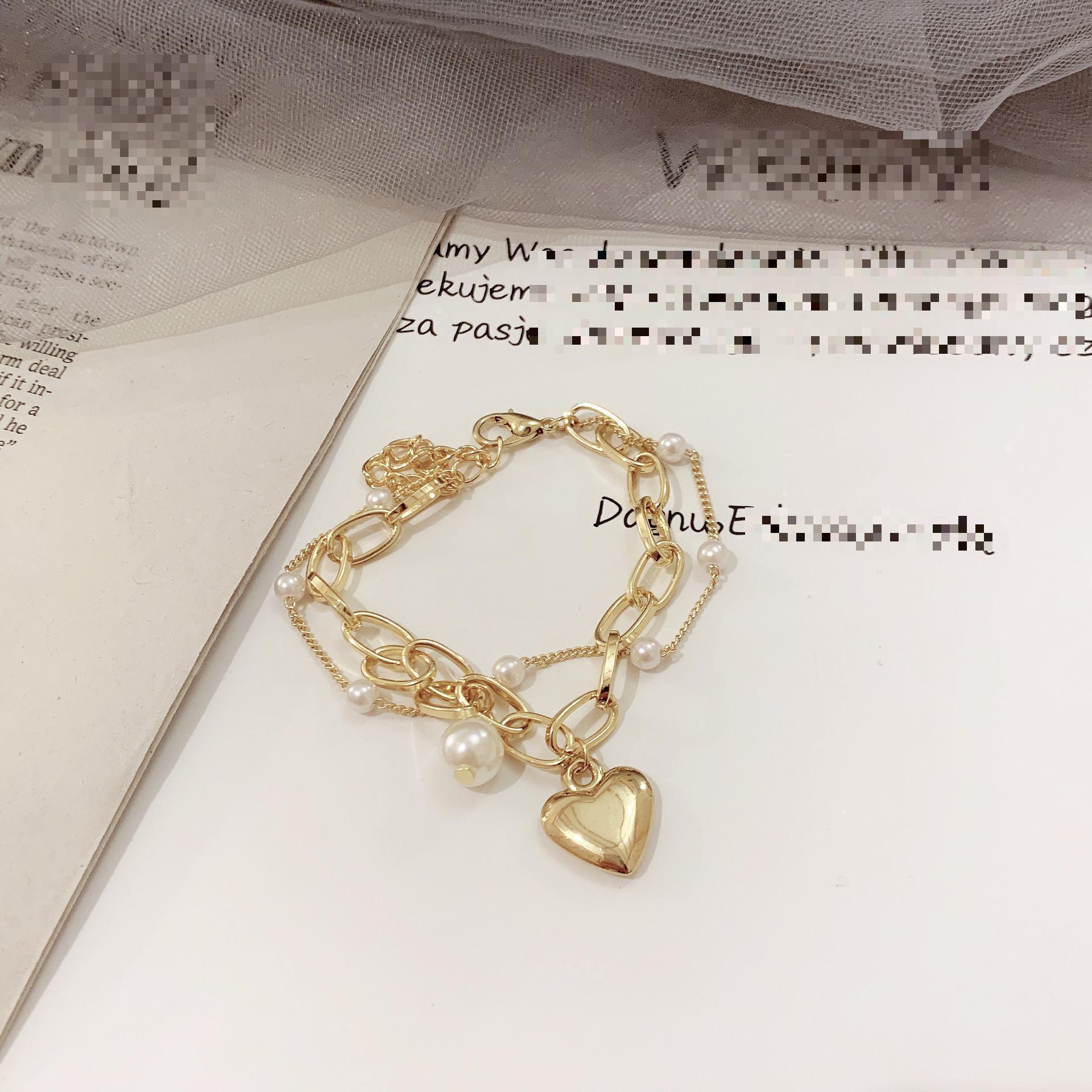 Fashion Chain Love Pearl Double Layer Bracelet Pretty Peach Heart Pendant Bracelet Women Birthday Gift Zircon Accessories золотой