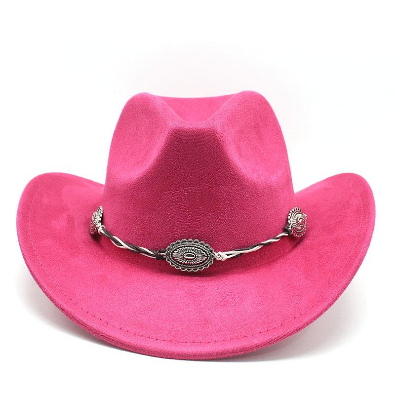 Semišový Upturned Edge Western Cowboy Klobouk Muži a ženy Outdoorový cestovní klobouk Rolled Brim Etnický styl Cylindr Plstěný klobouk