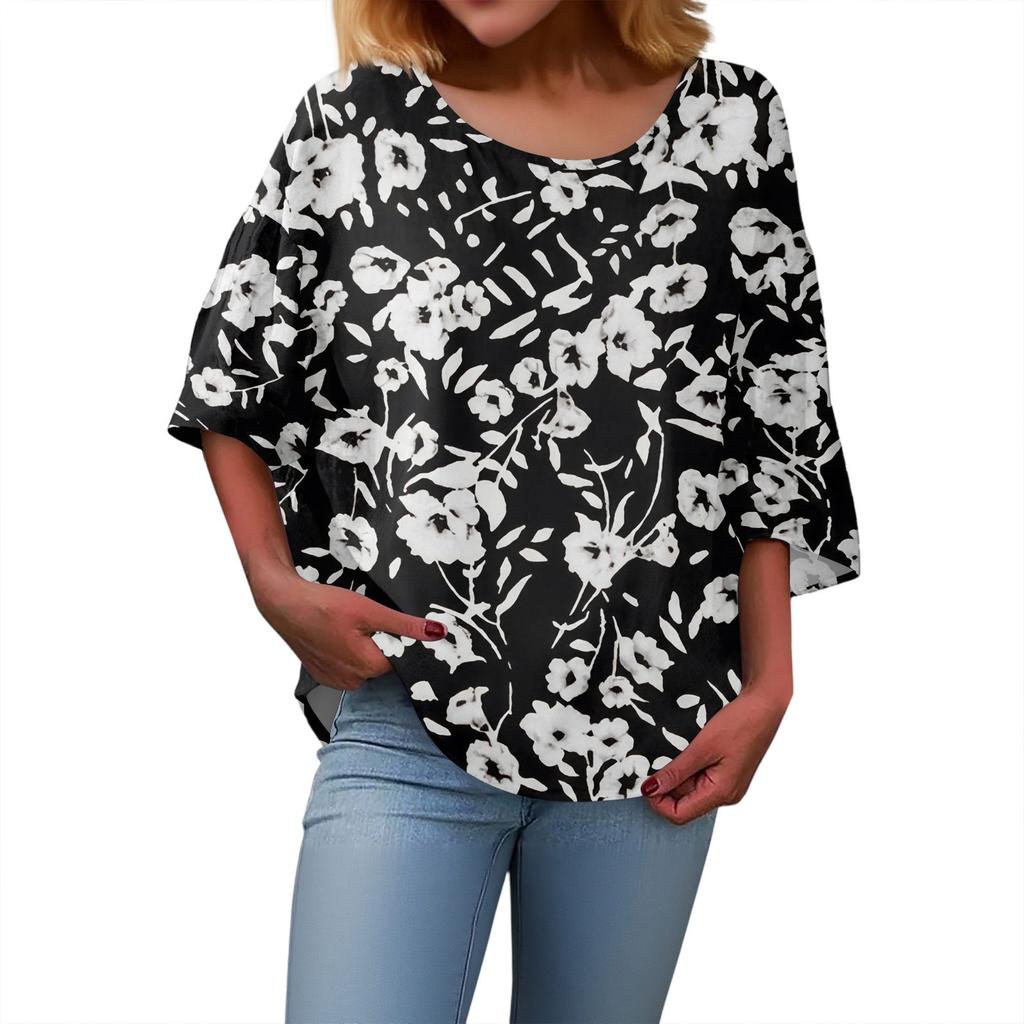 Summer Tops For Women Cute O Neck 3/4 Sleeve Blouses Floral Print Top Casual Shirts