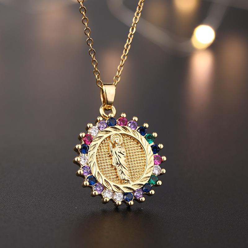 European and American Fashion Micro inlaid Color Zircon Pendant Women's Jewelry Virgin Mary Necklace